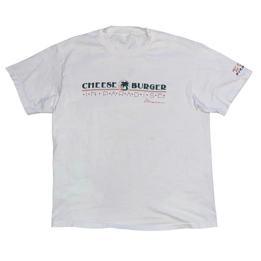 Vintage Cheeseburger in Paradise Maui T-Shirt White Graphic Lahaina Hawaii Mens